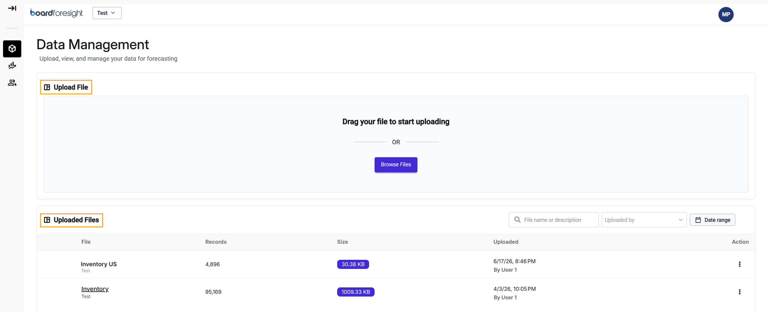 Data management interface showing file upload options and uploaded files list.